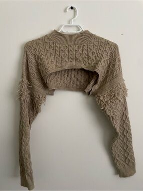 237 Cider Taupe Cable Knit Cropped Bolero with Fringe Sleeves